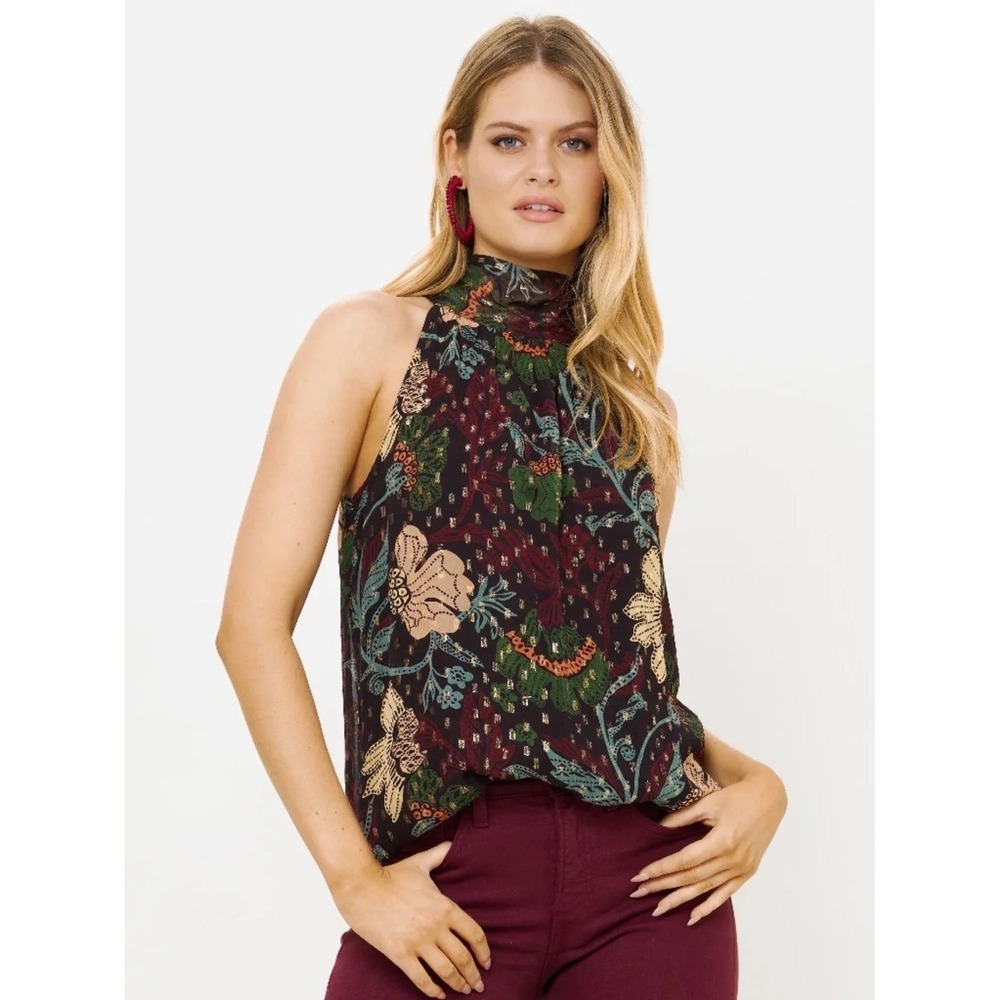 NWT Oliphant Sleeveless Tie Back Black Floral Gold Lurex Halter Top | Size XS